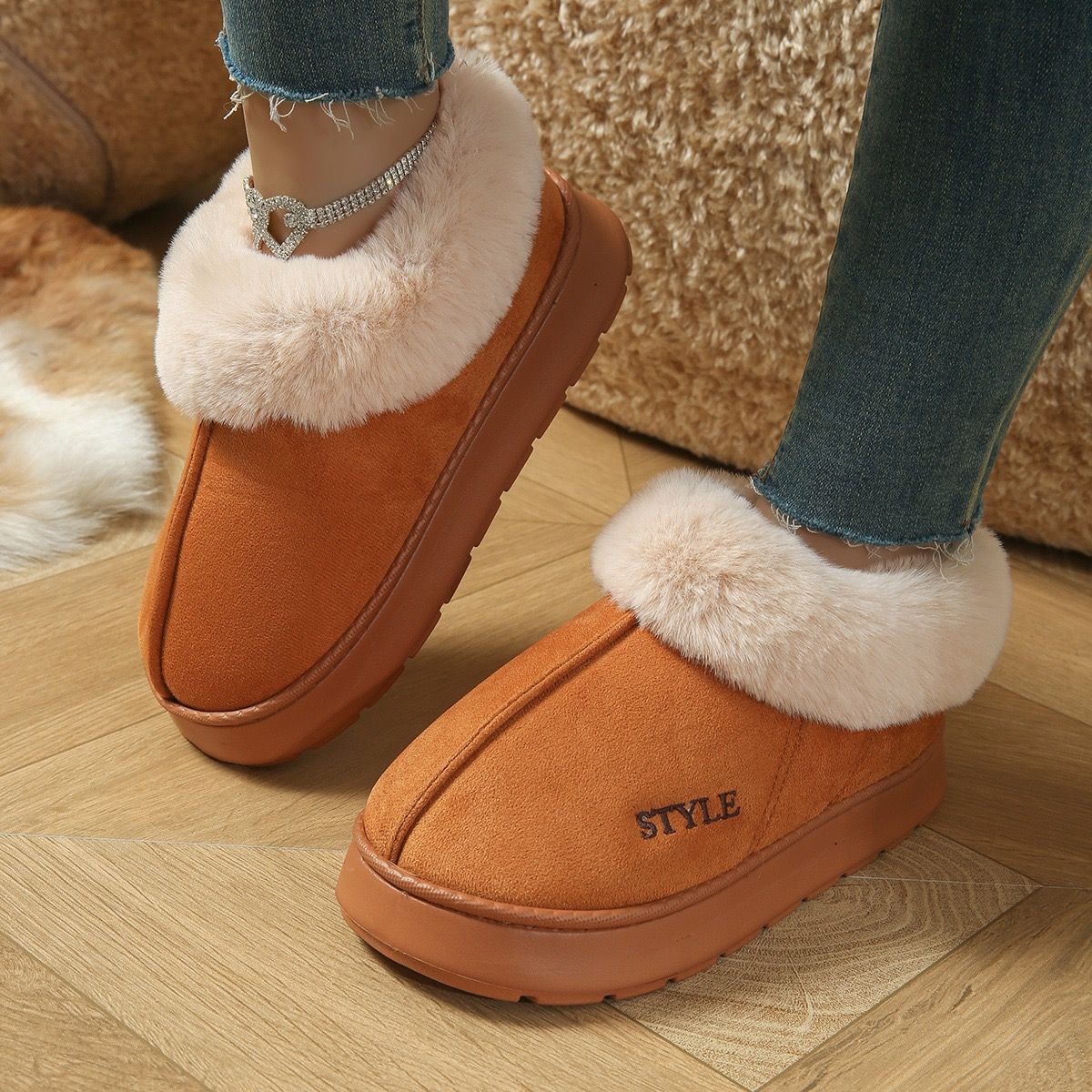 Cozy Winter House Slippers with Thick Sole, Faux Suede and Plush Lining, Non-Slip Indoor-Outdoor Wear, Solid Color Lace-Trimmed Simple Style for Warmth and — image 6
