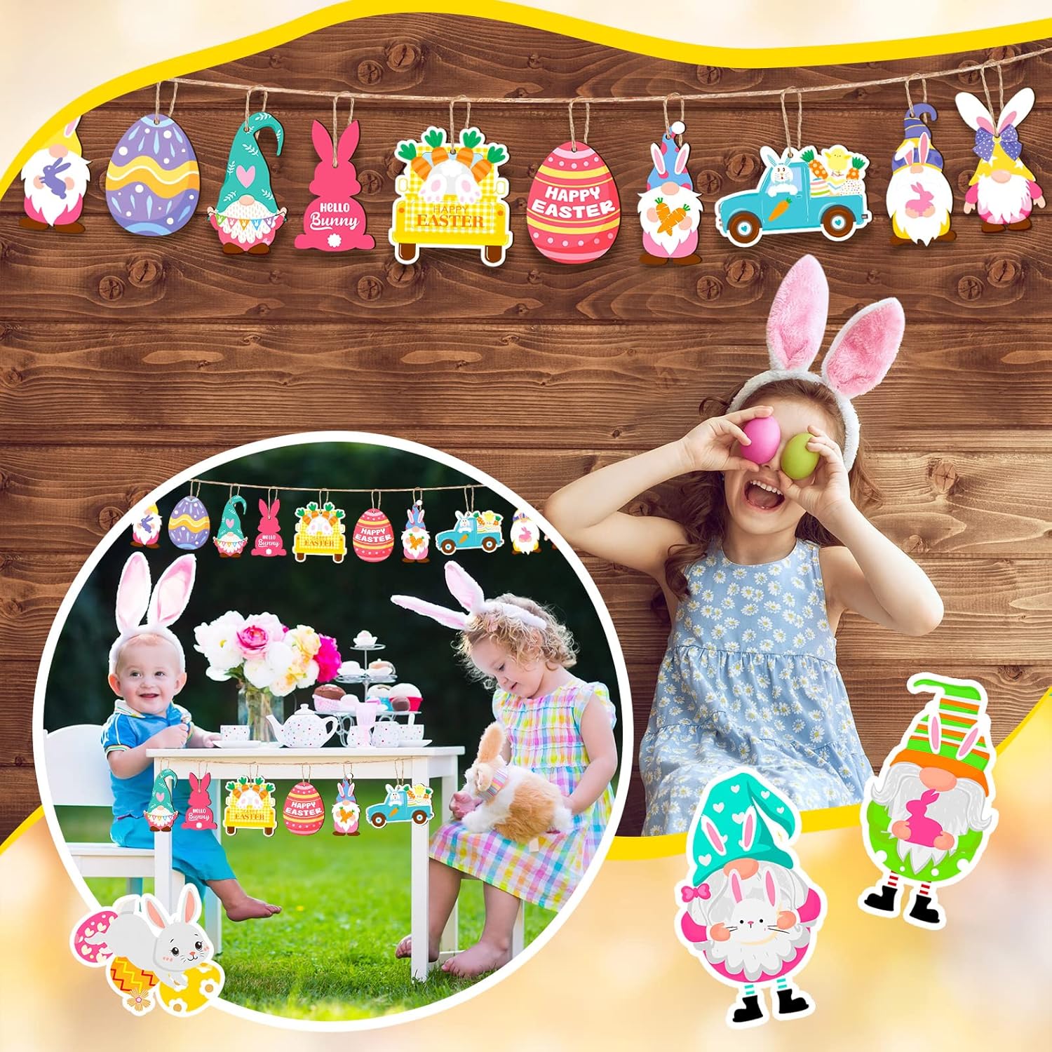 Glenmal 36 Pcs Happy Easter Ornaments for Tree Easter Wooden Hanging Ornaments Egg Bunny Tree Decorations Spring Gnome Chick Wood Slices Pendant with Rope for — image 4