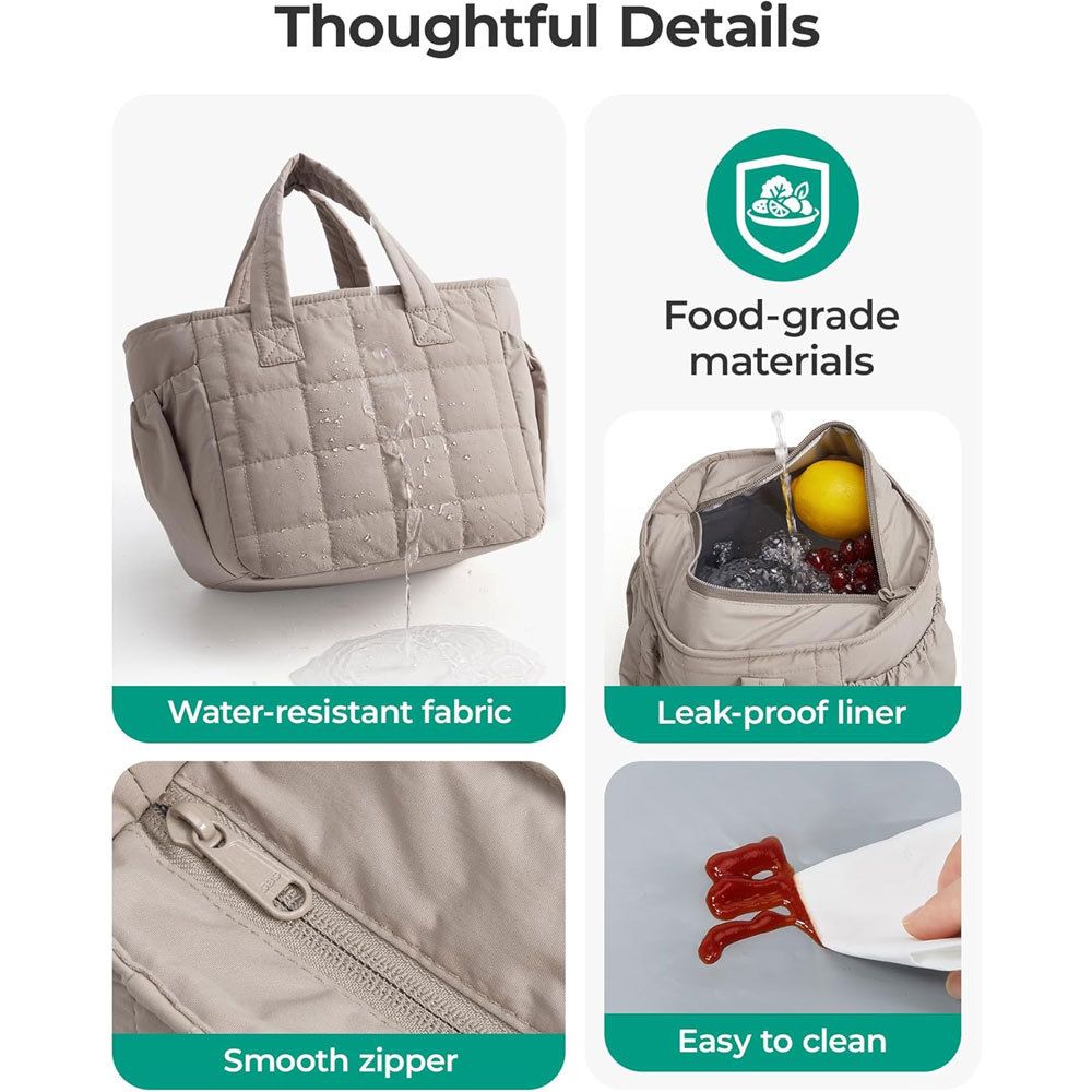 Pink Stylish Insulated Quilted Zipper Lunch Bag for Women - 6L Large Capacity Waterproof Thermal Tote Cooler Bag with Leakproof Lining and 2 Side Pockets for — image 6