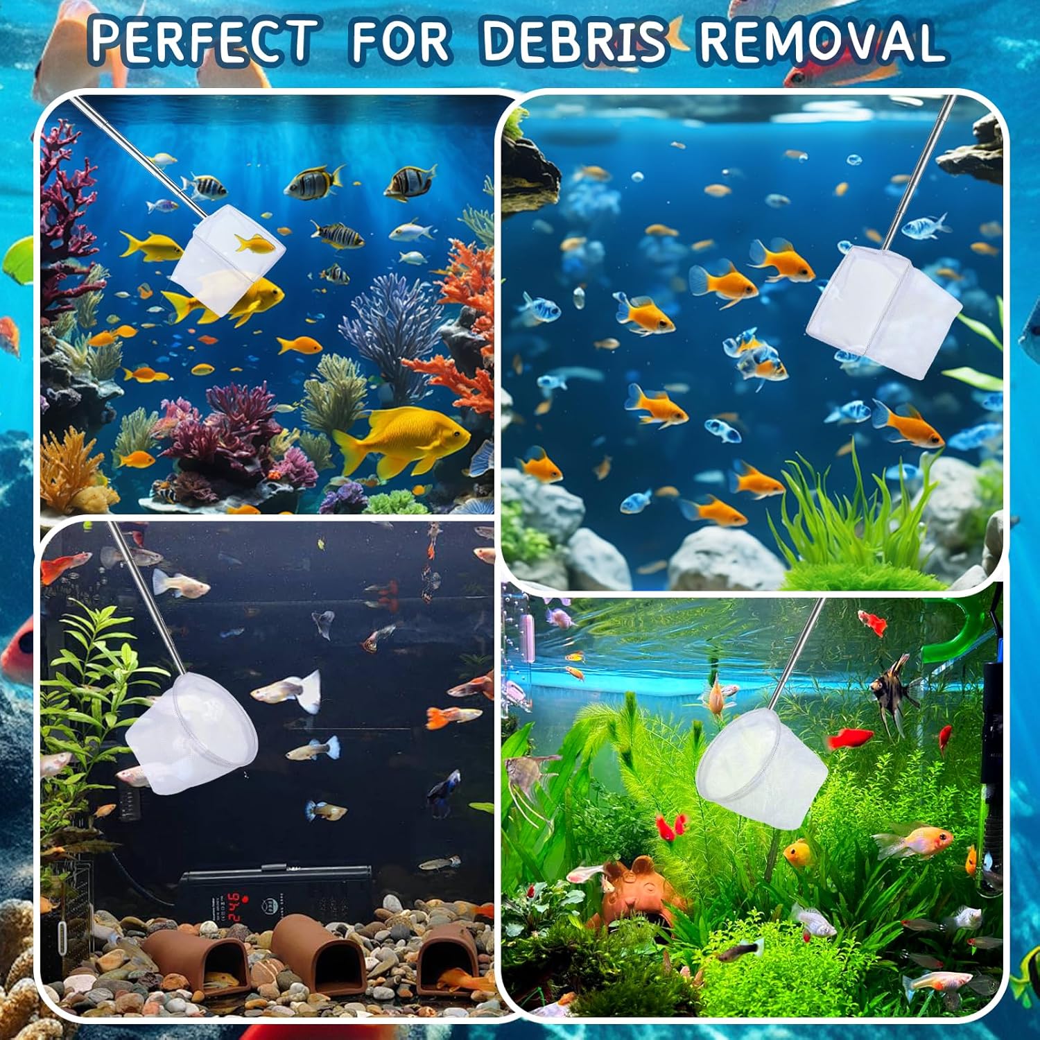 2-Pack Aquarium Fish Net - 3.3In & 2.6in Fishes Tank Shrimp Net Debris Cleaning Tools - Fast-Dry Mesh Scoop with Extendable Handle - Small Fish Net for Fish