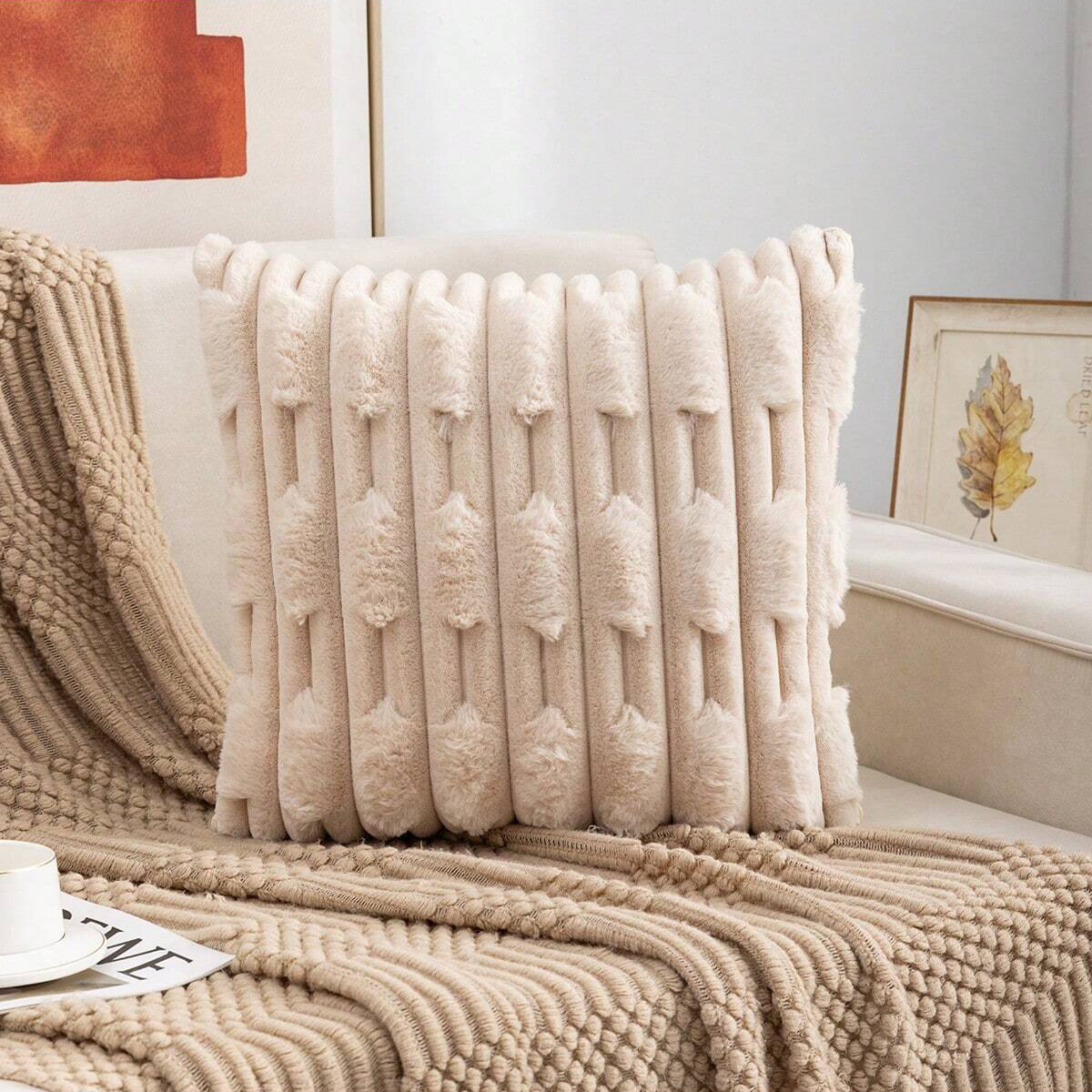 A pair of Khaki Plush Faux Rabbit Fur Throw Pillow Cover - Textured Wheat Ear Design (45 × 45cm)
