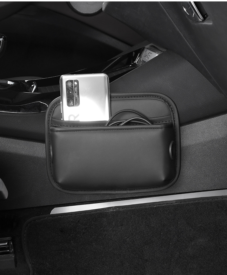 Brown PU Leather Car Storage Organizer with Dual Charging Holes and Inner Mesh Pocket, Multi-functional Door Handle Hanging Bag for Phones and Accessories โ image 2