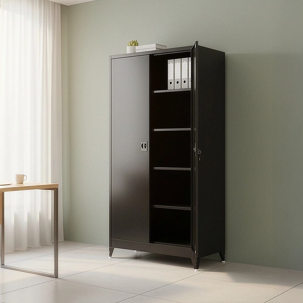 Black Two Door Metal Storage Cabinet with Legs Adjustable Shelf Lockable Steel Cupboard for Home Office Gym — image 4