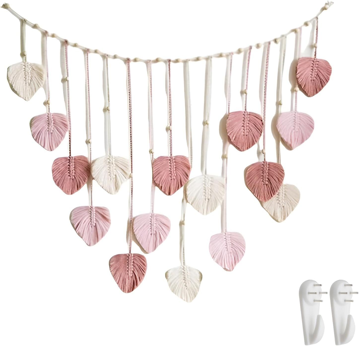 Wall Hanging Boho Leaves Tapestry Chic Bohemian Feather Wall Art Decor Handmade Yarn Woven Pink Leaf Tapestry Wall Decor for Bedroom Living Room Nursery Office