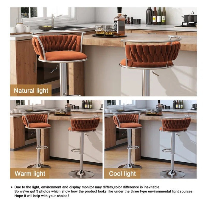 SERENITà Silver Swivel Upholstered Velvet Adjustable Height Counter Stool with Metal Frame Orange (Set of 2) — image 3