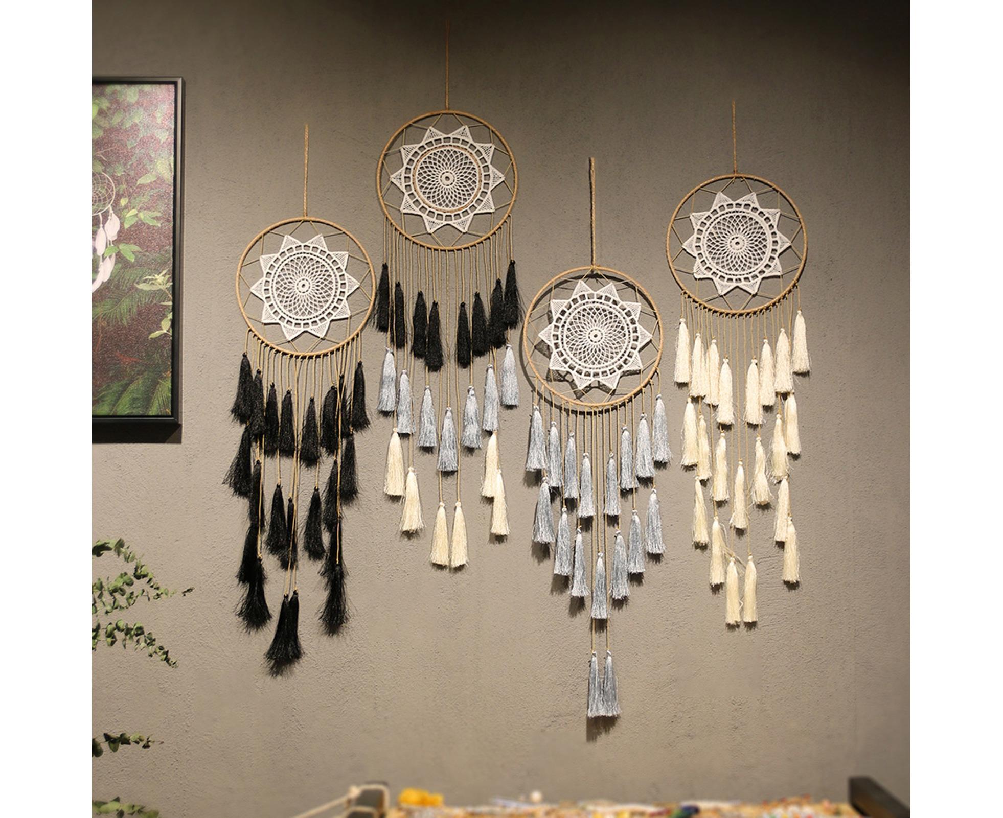 Round Handmade Wall Hanging Wind Chime Dream Catcher with Tassel Home Decor-White — image 4