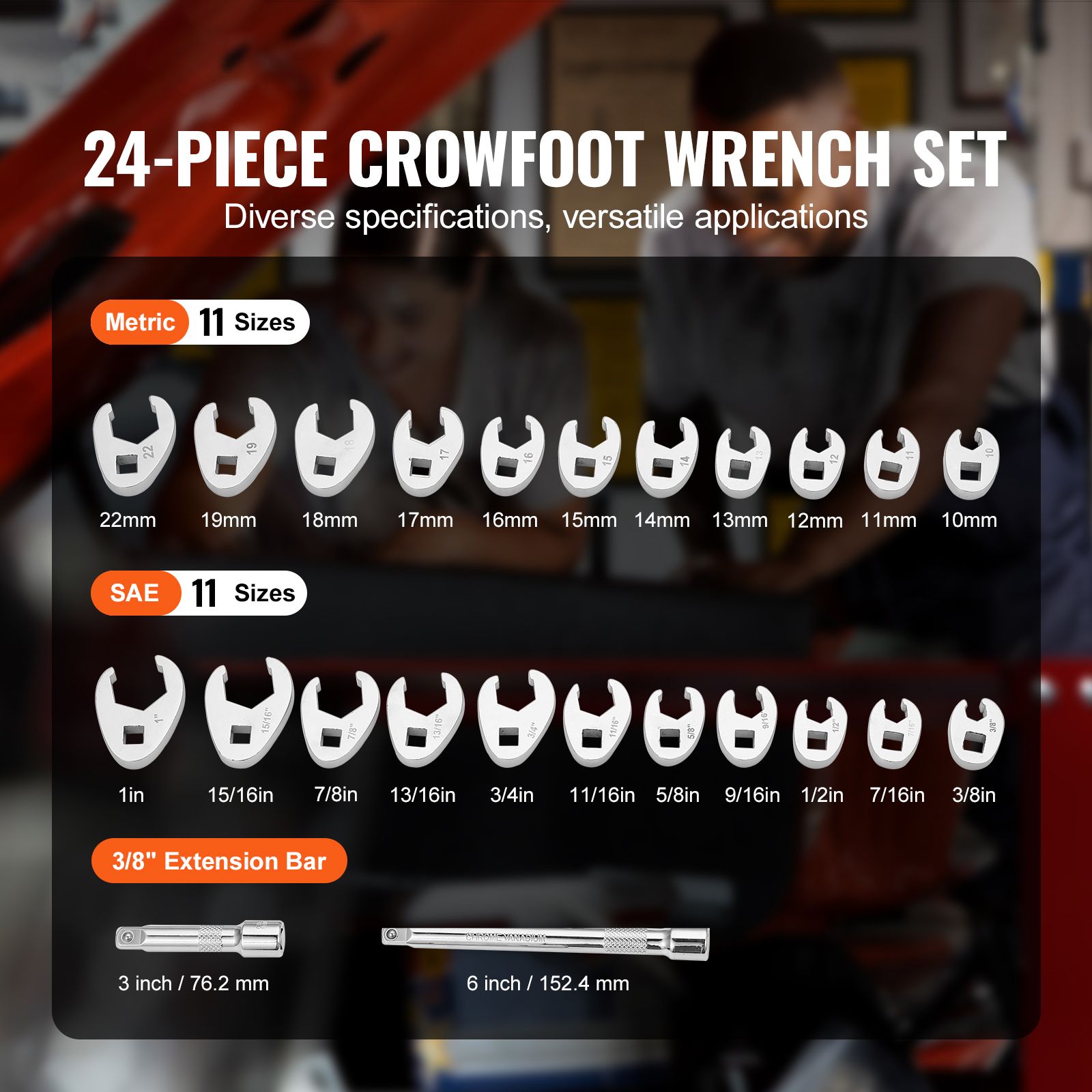 3/8" Drive Crowfoot Wrench Set with 2 Extension Bars, 24-Piece Crows Foot Wrench Set, SAE 3/8"-1" and Metric 10-22 mm, CR-MO Steel Crowfoot Wrench Set, with — image 2