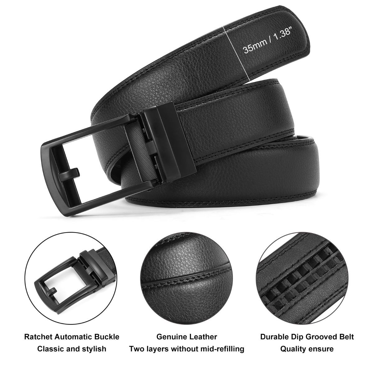 Ratchet Belt for Men Genuine Leather - Micro-Adjust Buckle Trim to Fit Dress Belt Casual to Formal Gift Boxed - Basic Black - Size 28"-44" Waist Adjustable — image 6