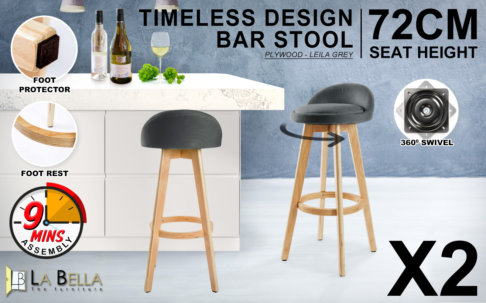 2X Wooden Bar Stool Dining Chair Fabric LEILA 72cm GREY โ image 2