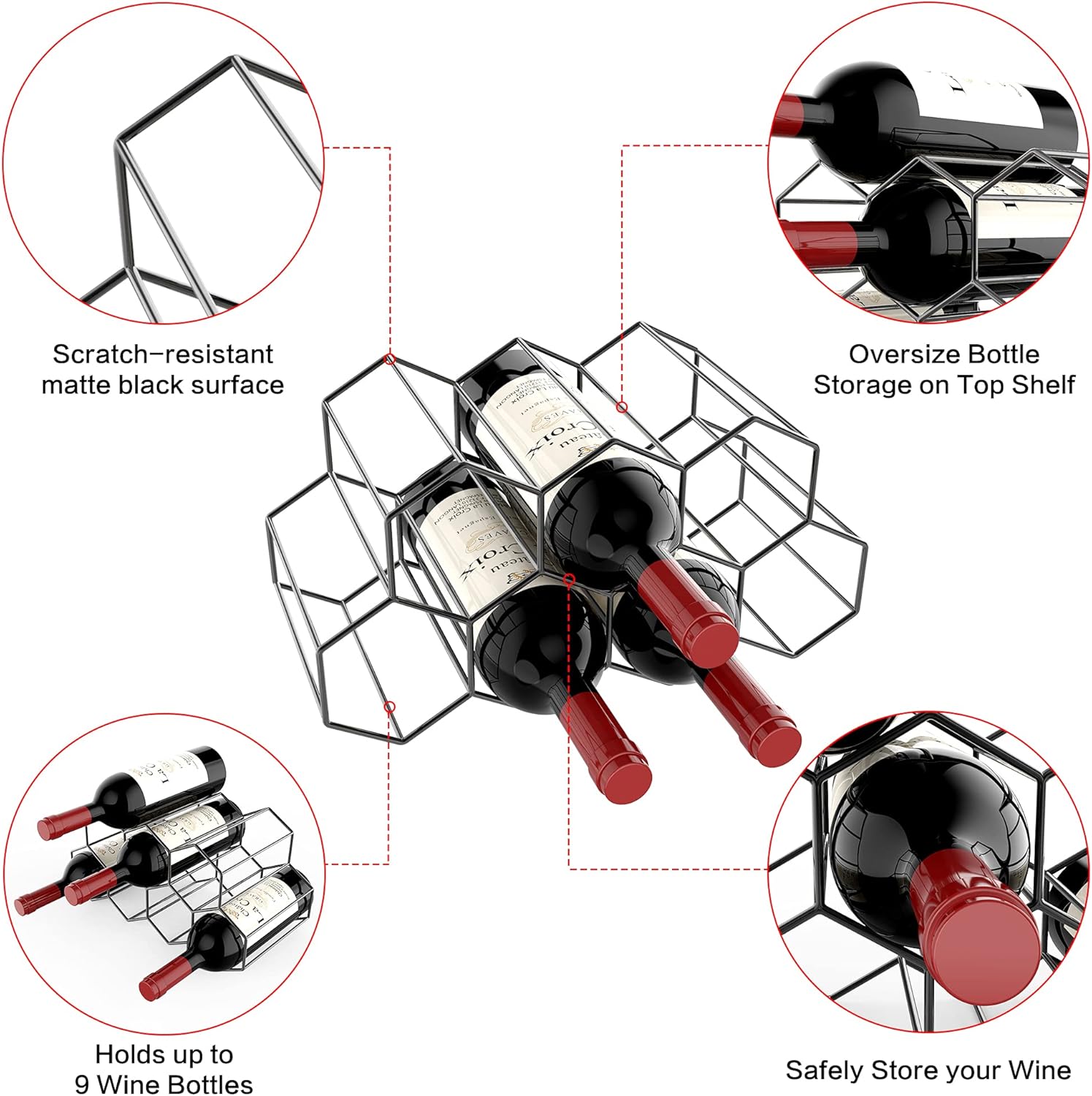 Small Freestanding Wine Rack for Countertop - Honeycomb Metal Wine Rack Stand for 9 Bottles, Black, Wine Rack for Tabletop โ image 3