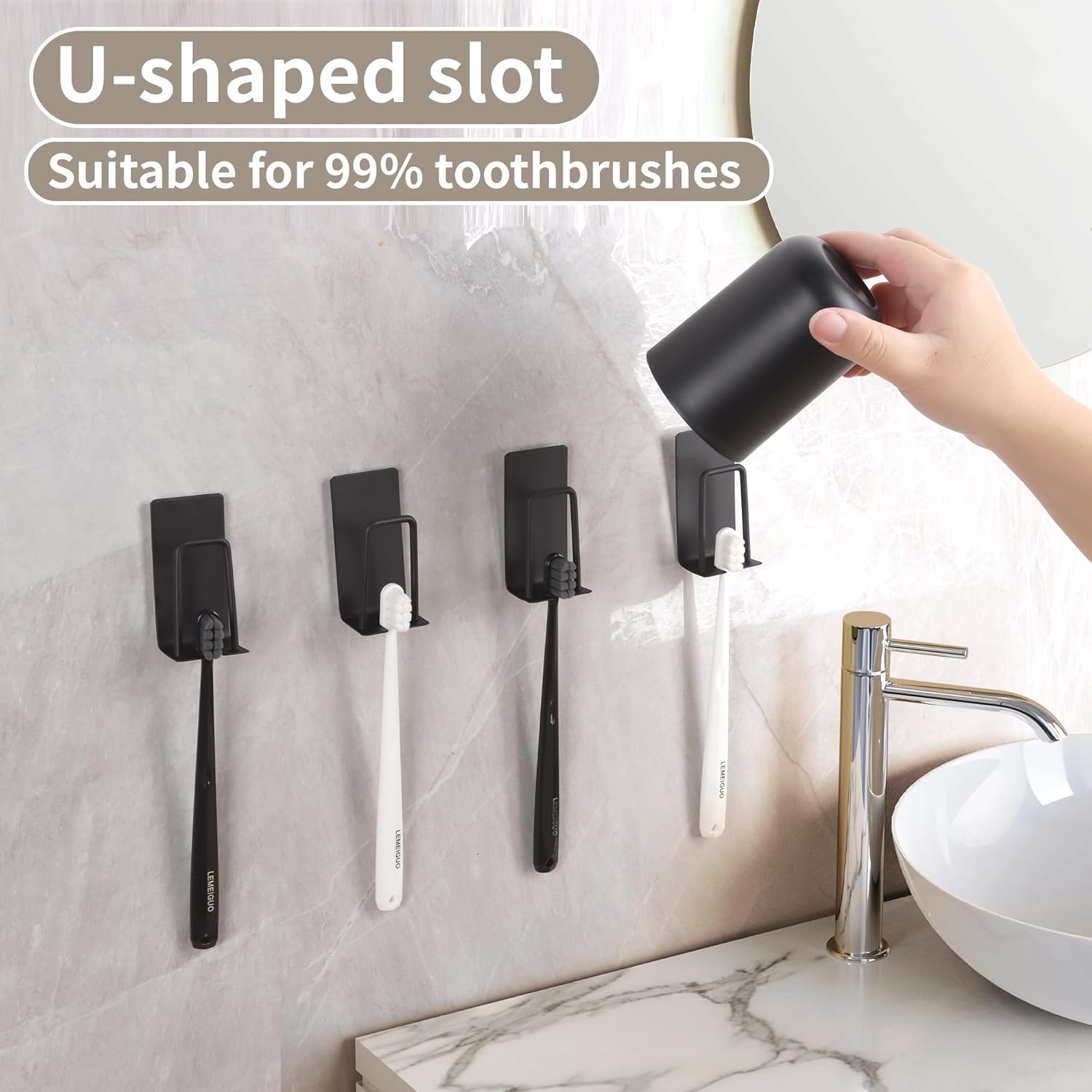 4 Pack Self-Adhesive Stainless Steel Wall Mount Toothbrush Holder No Drilling Required for Electric Toothbrushes Black — image 3