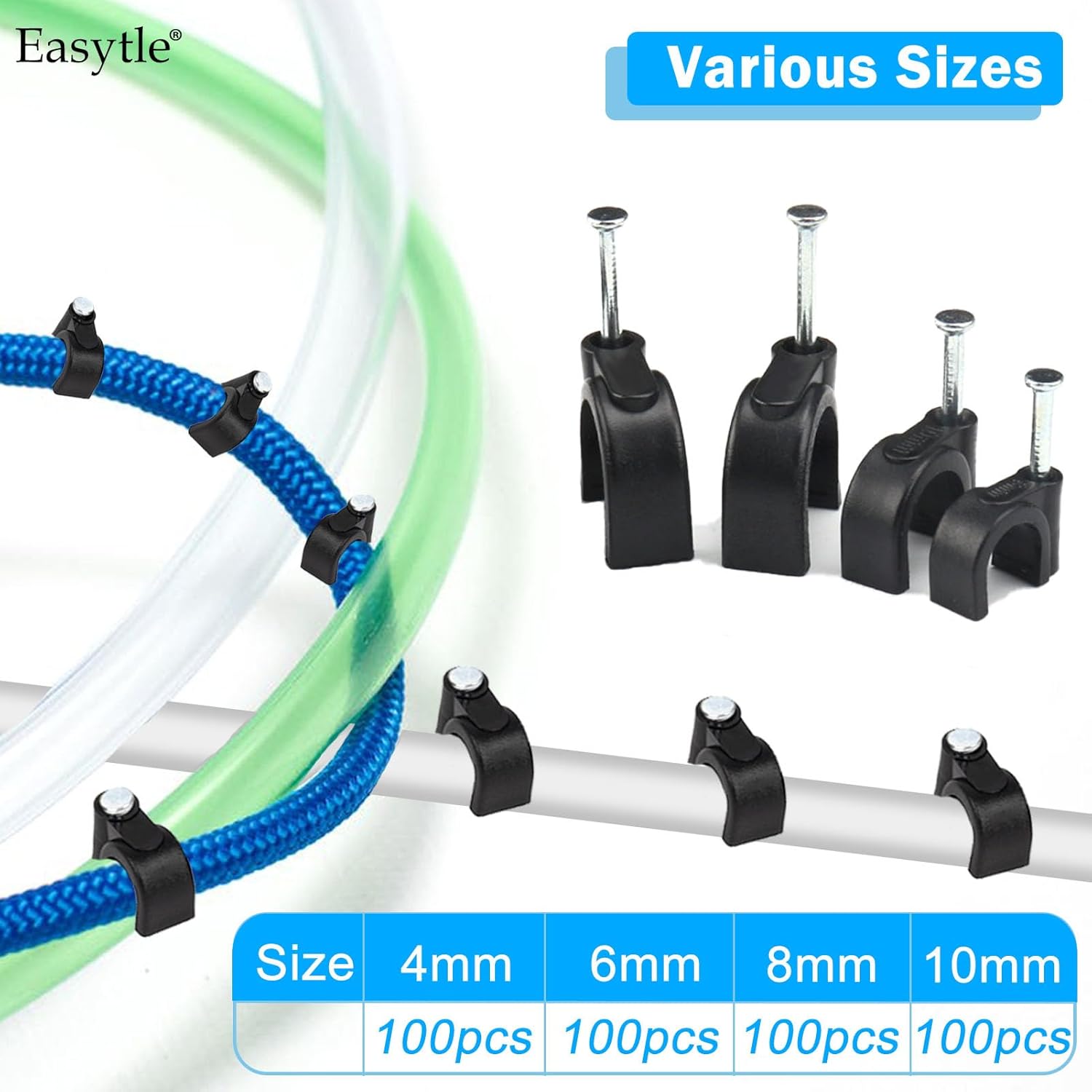 400pcs Black Cable Clips 4/6/8/10mm Cable Wire Clips Nail in Cable Clips Cable Tacks Coaxial Nail Clamps Cable Nails for Cords Cable Management RG6 RG59 CAT6 โ image 5