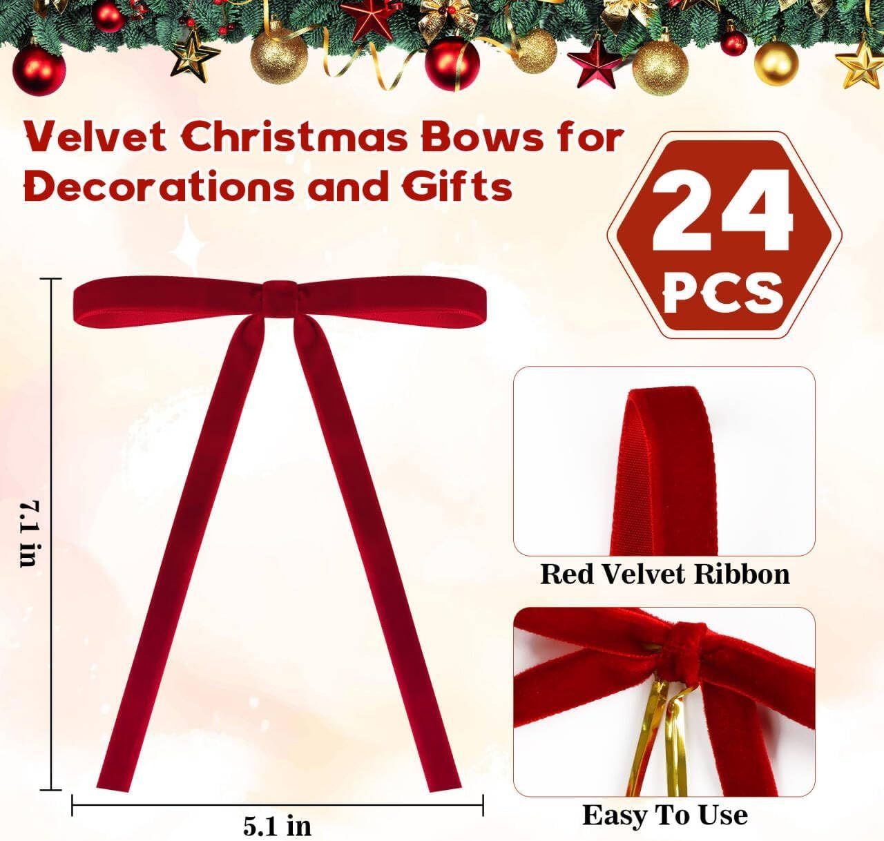 Red Velvet Bows for Christmas Tree, 24 Pcs 5x7 Inch Velvets Ribbon Tree Bows, Velvet Christmas Ornaments for Trees Decorations Wreath Outdoor Indoor โ image 3