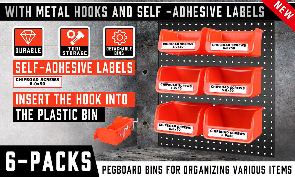 6Pc Pegboard Bins Peg Board Parts Storage With Steel Hooks Tools Organiser Tray — image 2