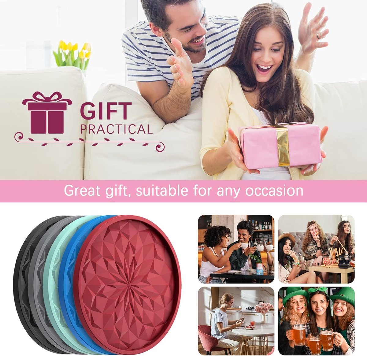 Coasters with Holder - 6 pieces - Coasters for Glasses - Coasters - Silicone - Non-slip - Red - Round - Raised edges to prevent spills - Coasters for hot or โ image 6