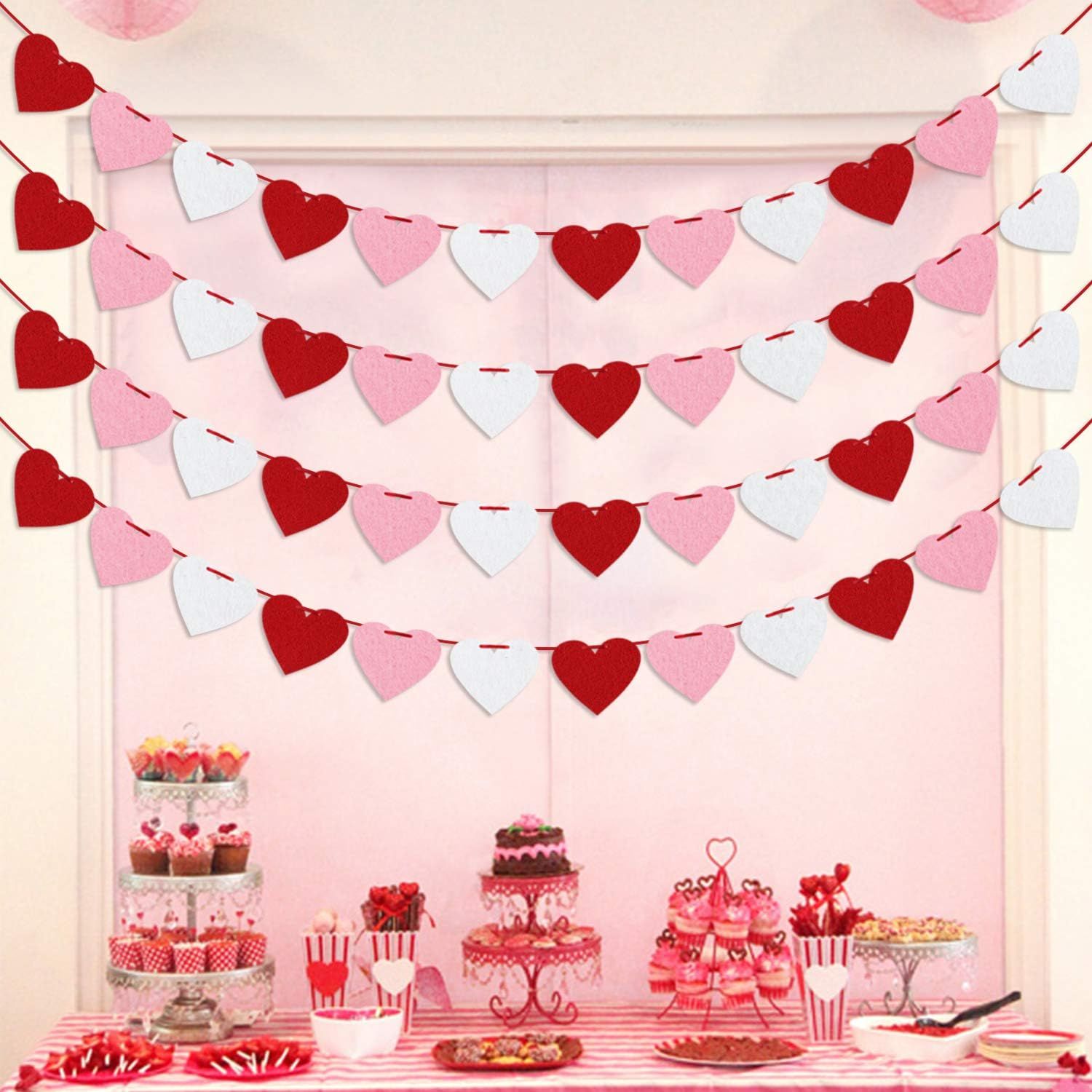 Felt Heart Garland Banner, Pre-Strung | Valentines Decorations | Red Pink White Valentines Banner | Anniversary Wedding Birthday Party Decorations | — image 3