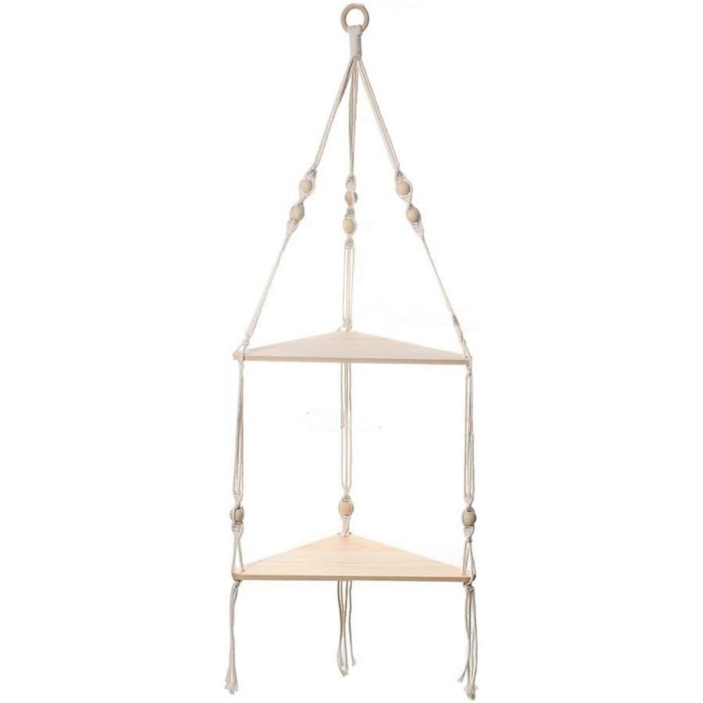Double layer Bohemian cotton rope hand woven shelf, triangular wooden crafts, home decoration, flower pot storage(white 90*32.5cm)