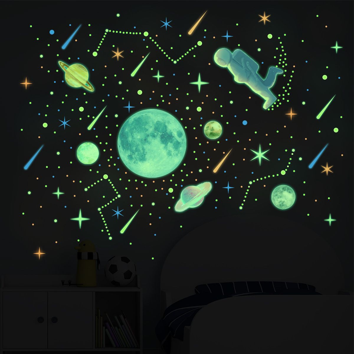 Watercolor Solar System Wall Decals, Glow in The Dark Stars, Kids Planets Sticker for Ceiling, Astronaut Wall Stickers for Bedroom — image 2