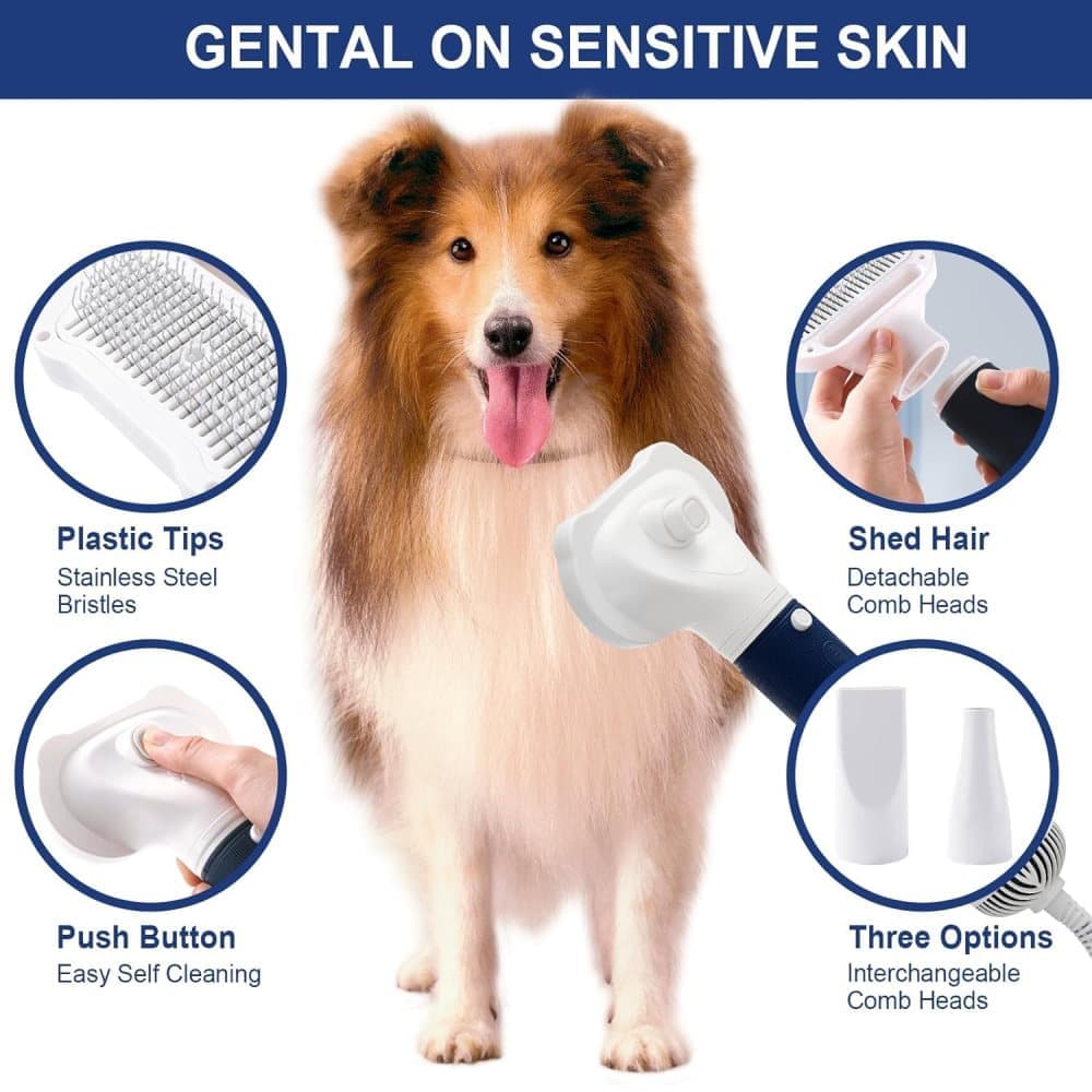 Pet Hair Dryer 3-in-1 with Brush, 3 Heat Settings Overheat Protection, Portable Quiet for Dogs Cats, Gray, 220V — image 3