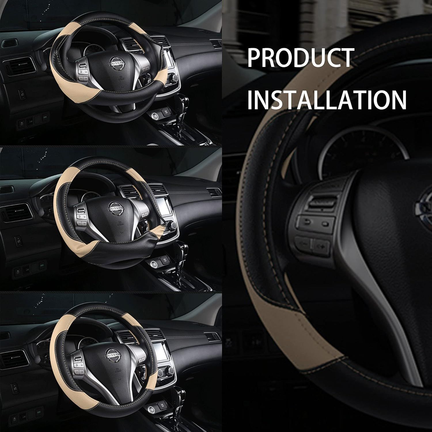 Leather Car Steering Wheel Cover, Non-Slip Car Wheel Cover Protector Breathable Microfiber Leather Universal Fit for Most Cars(Beige) — image 6