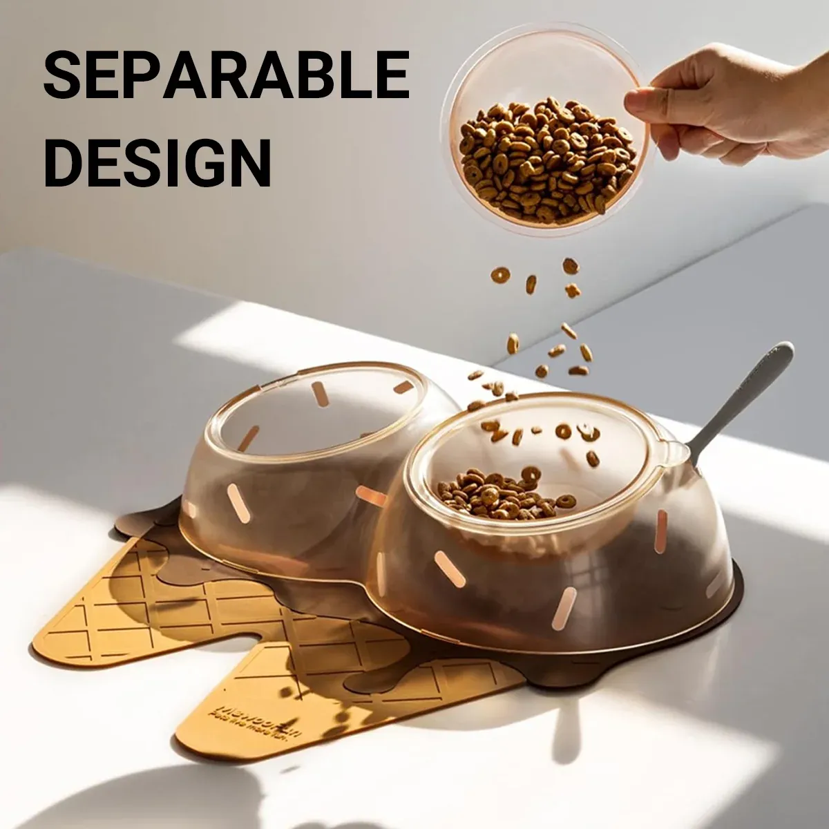 Detachable Ice Cream Shaped Bowls Pet Set Feeding Mat Spoon Cats Small Dogs - Brown โ image 6