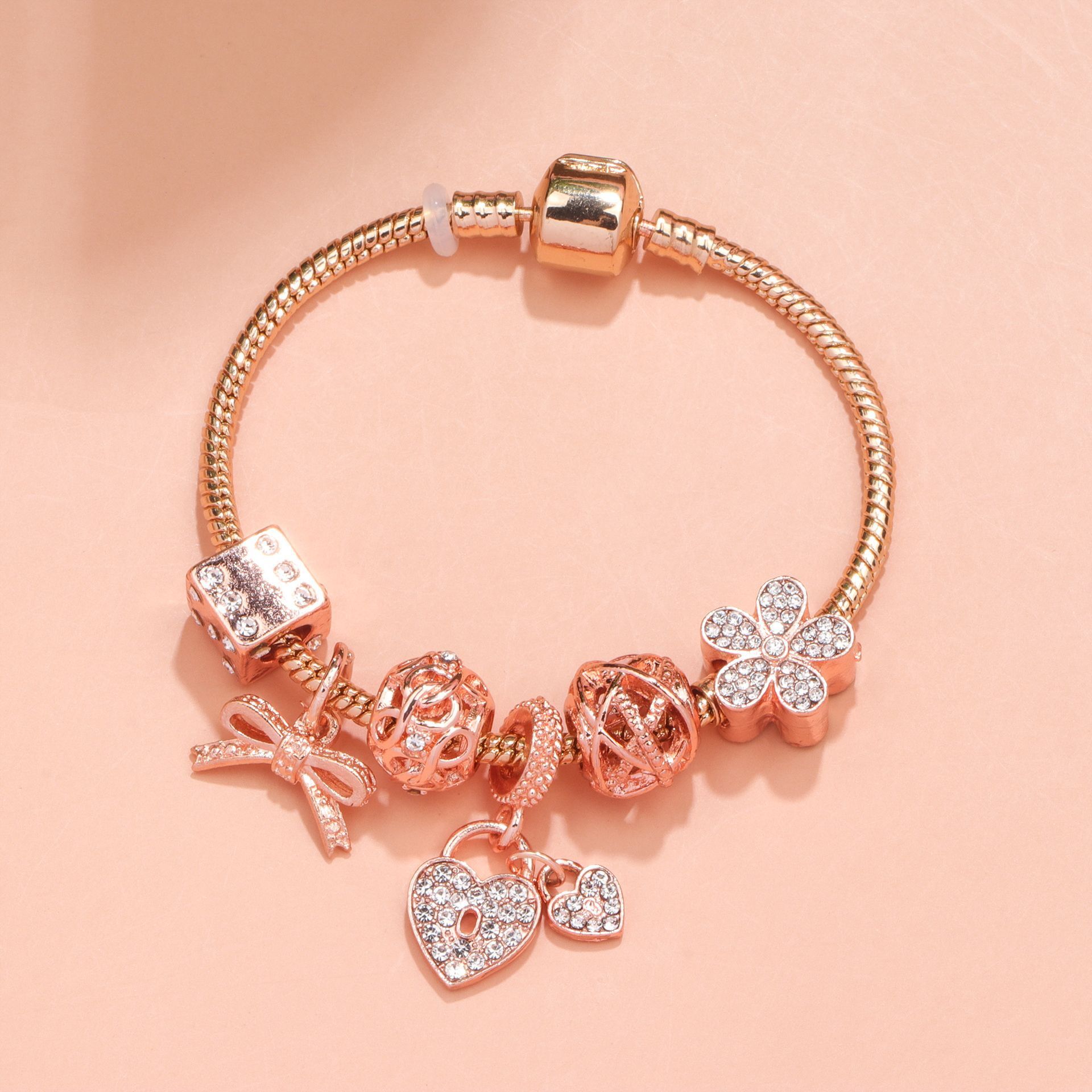 Hollow Out Crystal Flower Heart Bow Charm Bracelet(rose gold, 18cm) โ image 4