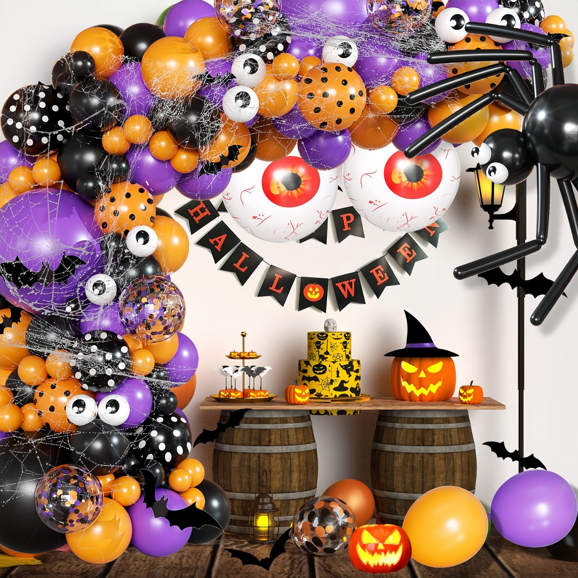 Halloween Decoration Set – Light-Up Pumpkin Lamp,128 Pcs Halloween Party Balloon Garland Arch Kit & Hand Pump for Indoor Outdoor Halloween Porch,Fireplace — image 2