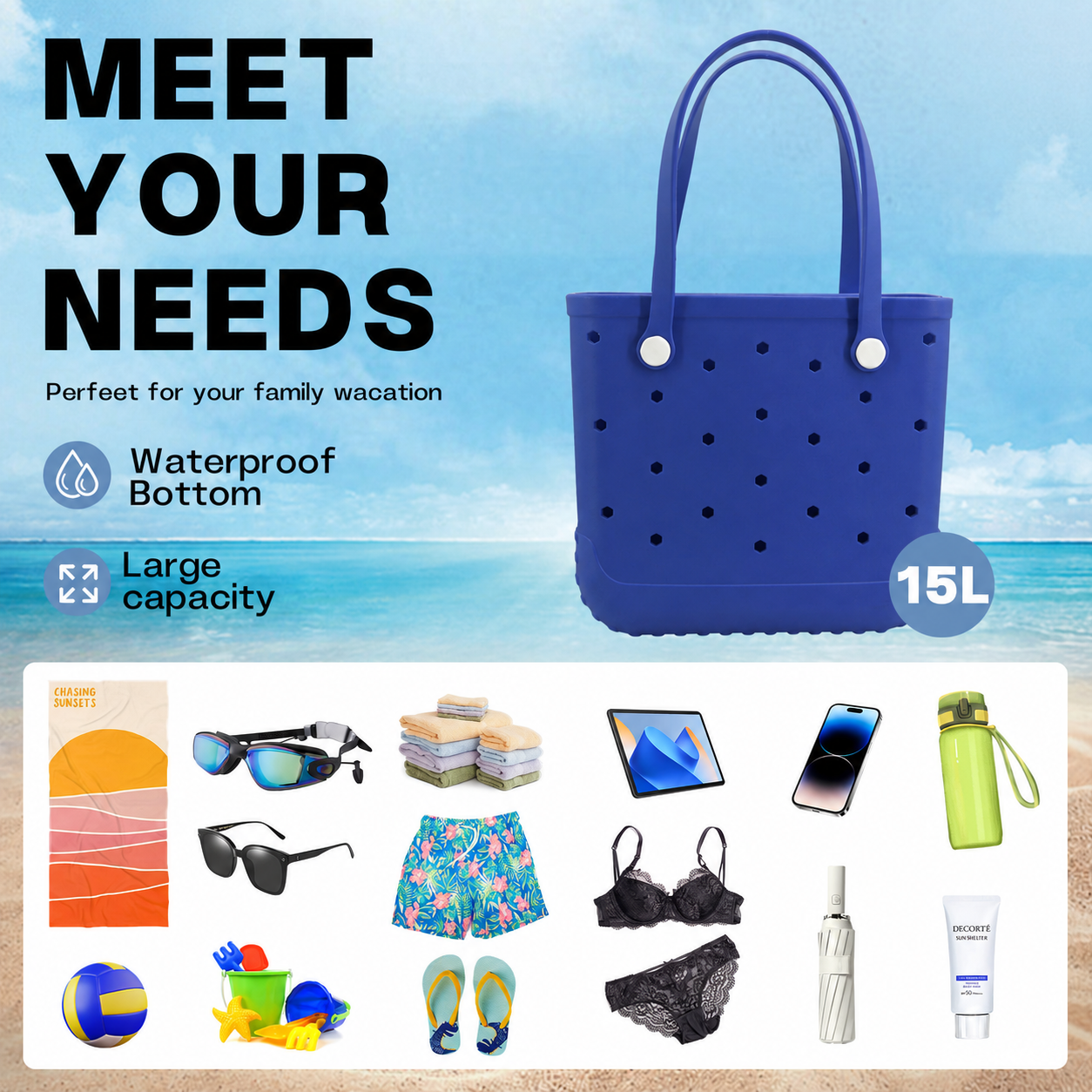 Waterproof Hexagon Mesh Beach Bag - Large Capacity Travel Storage Tote for Swimwear Towel Sunglasses - Royal Blue Medium 37x32x13cm — image 4