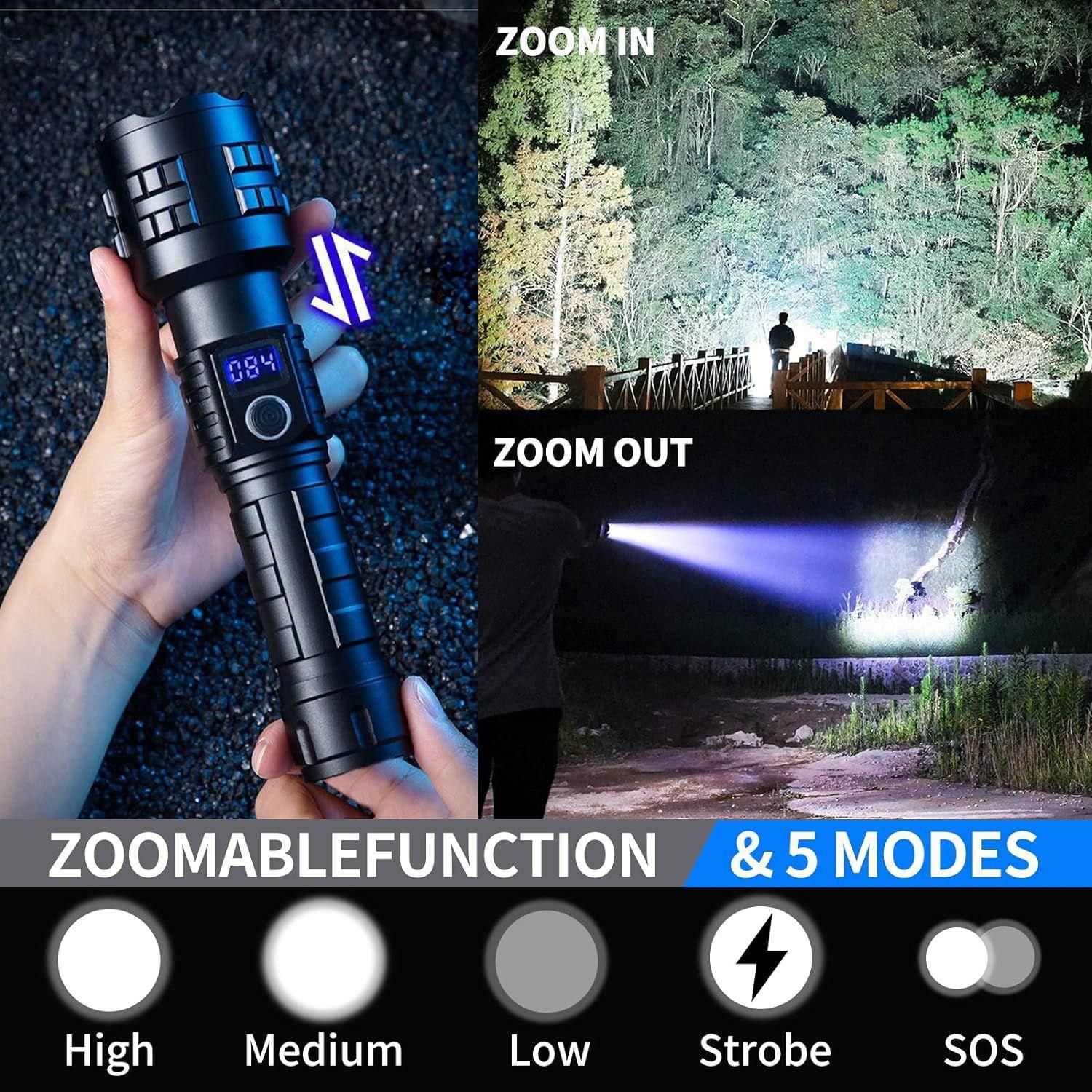 High Lumen LED Flashlight Rechargeable Zoomable Tactical Torch with LCD Power Display Black โ image 3
