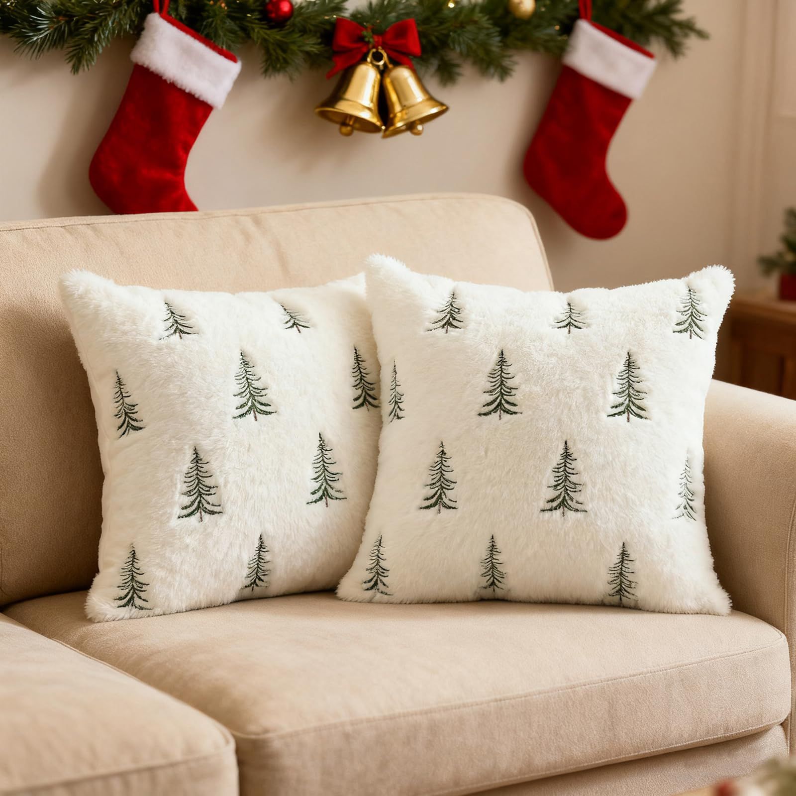 Christmas Pillow Covers 18x18 inch Set of 2 Green Embroidered Christmas Tree Decoration Beige Soft Plush Faux Fur Jacquard Throw Pillows for Bedroom Sofa — image 2