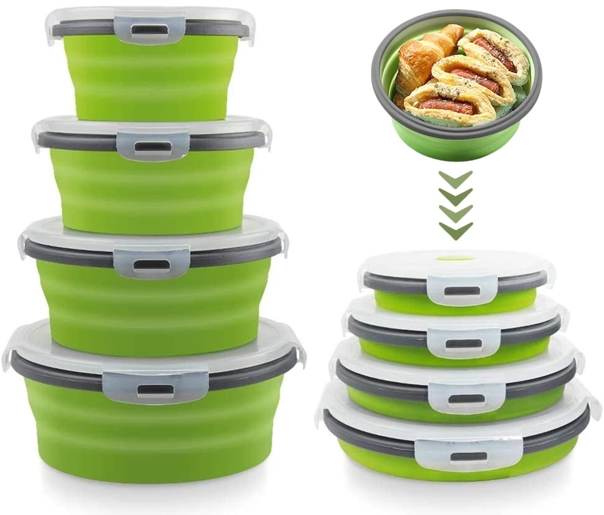 4-Piece Food Storage Container Set - Lunch Box - Collapsible Food Container - Round Silicone Lunch Box - For Camping Kitchens - BPA-Free - Green