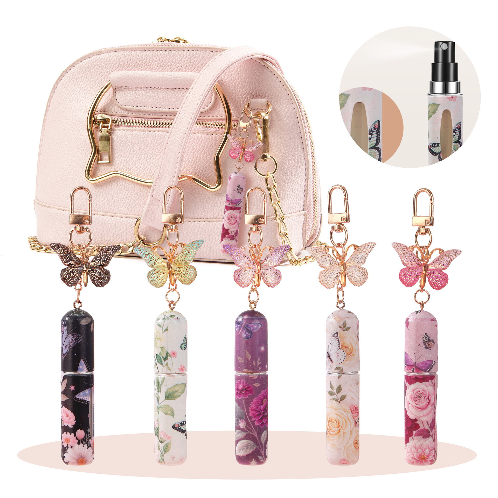 Random Color 3 Pcs Portable 5ml Perfume Atomiser Keychain - Refillable Floral Spray Bottle with Butterfly Charm for Travel & Handbag