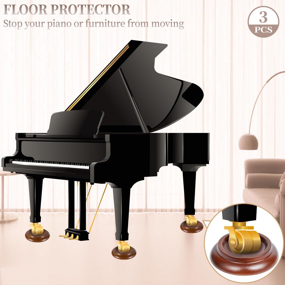 Piano Caster Cups Grand Piano Caster Cups Wood Coasters Cups Piano Caster Pads for Grand Piano 3pcs — image 3