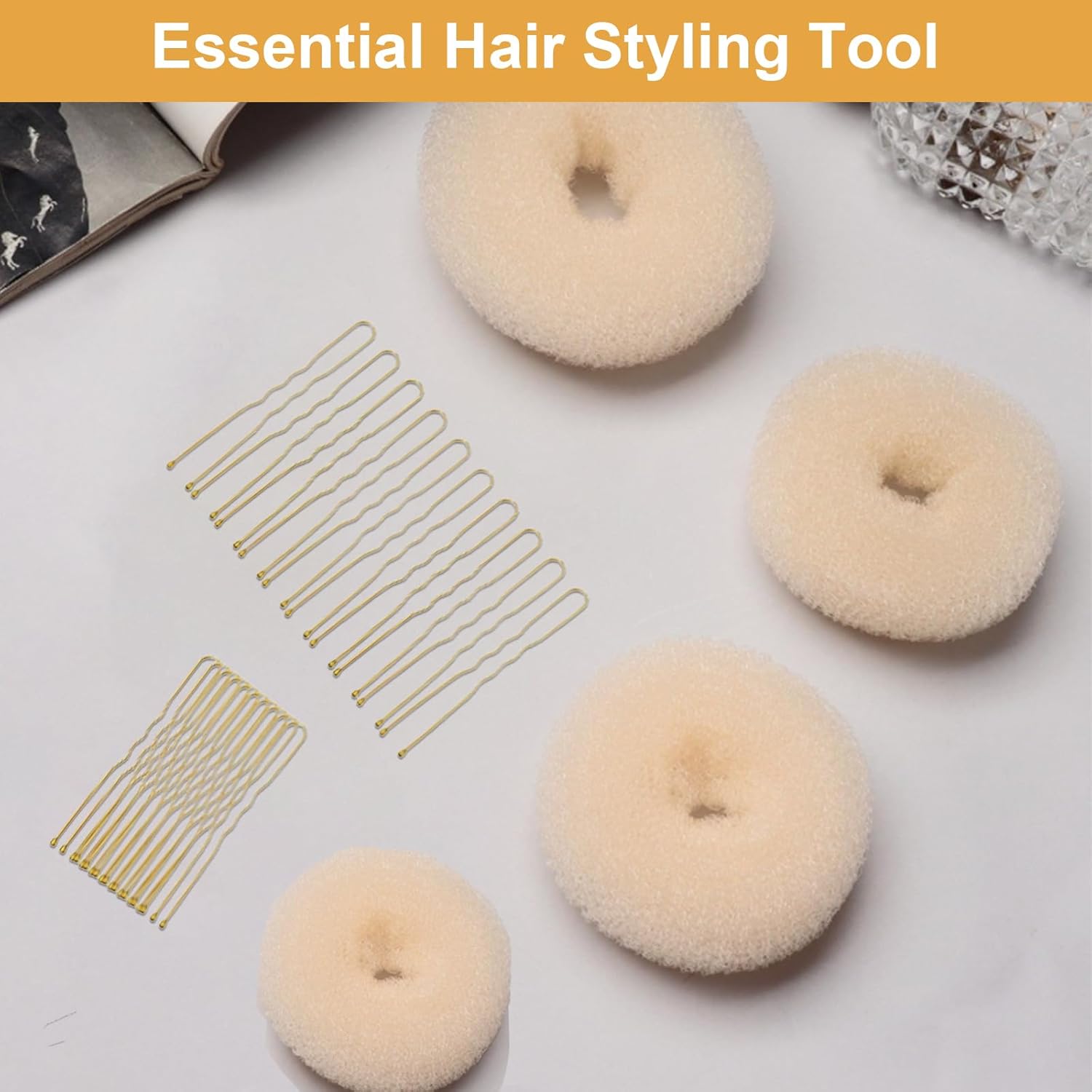 4-piece ring donut hair knot styler with 20 gold hair clips, beige donut bun maker, hair rings, styling set for dancers, ballerinas, girls, etc. and everyday â image 3