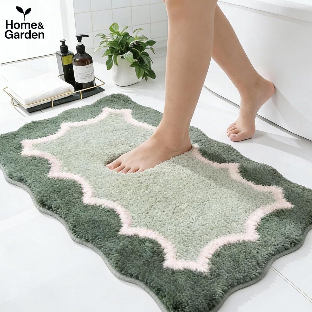 Green Plush Bath Mat with Non-Slip TPR Backing, Soft Absorbent Quick-Dry Bathroom Rug, 80 × 50 cm