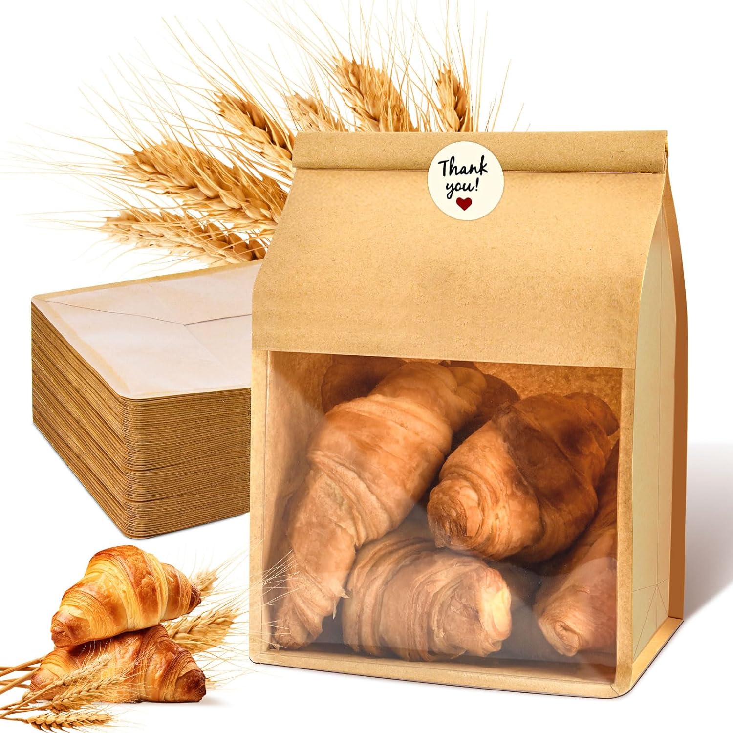 60pcs Kraft Bakery Bags with Thank You Stickers,10.5x6.2x4.7 Inches Sourdough Bread Bags with Tin Tie Tab Lock Smoother Bags with Clear Window for Homemade