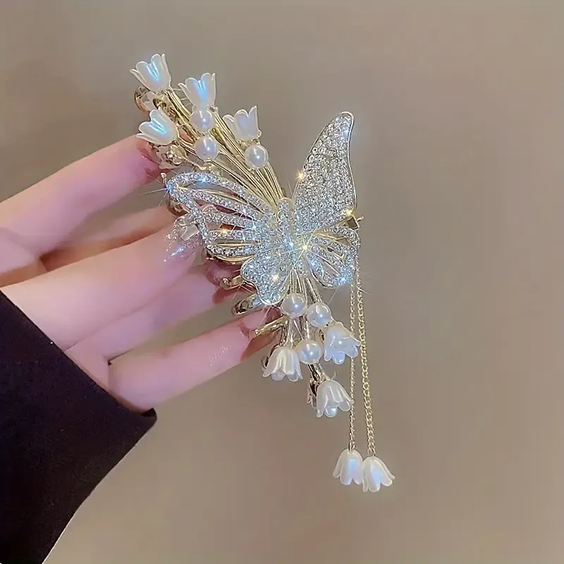 【Alloy Butterfly Tassel Claw Clip】 Fully Rhinestone-Encrusted Lily-of-the-Valley Pearls, Cascading Metal Tassels, Perfect for Updos, Buns & Side Clips — image 2