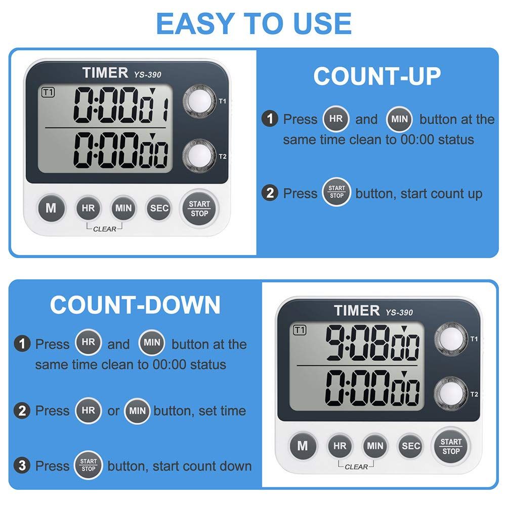 Digital Dual Kitchen Timer, Cooking Timer, Dual Count Up & Down Timer with Magnetic Back, Large Display, Adjustable Volume — image 4