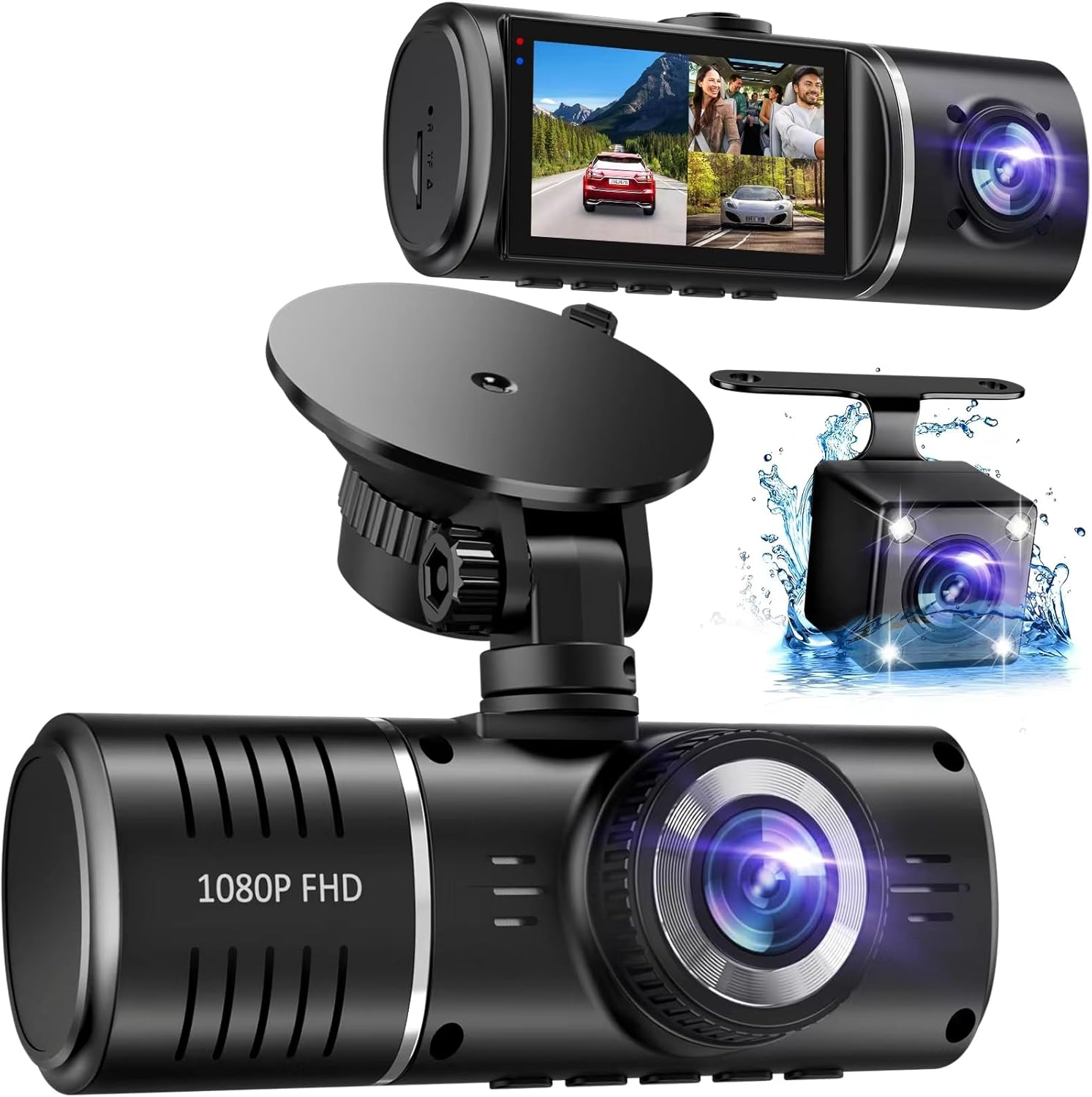 Three-camera dash cam C309, equipped with dual front cameras, an interior camera and a reversing camera - a dash cam for cars. Supports WIFI, loop recording โ image 2