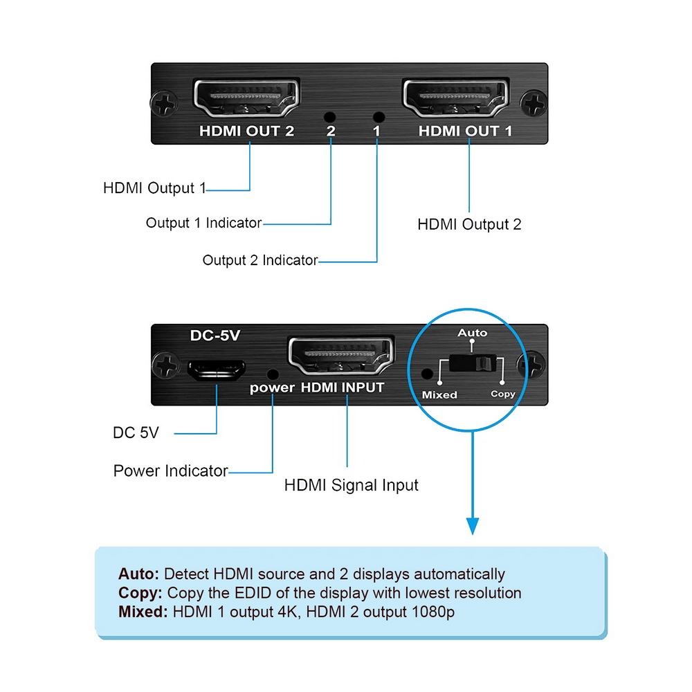 Simplecom CM412 HDMI 2.0 1x2 Splitter 1 IN 2 Out 4K@60Hz HDR10 2 Port HDMI Duplicator — image 3