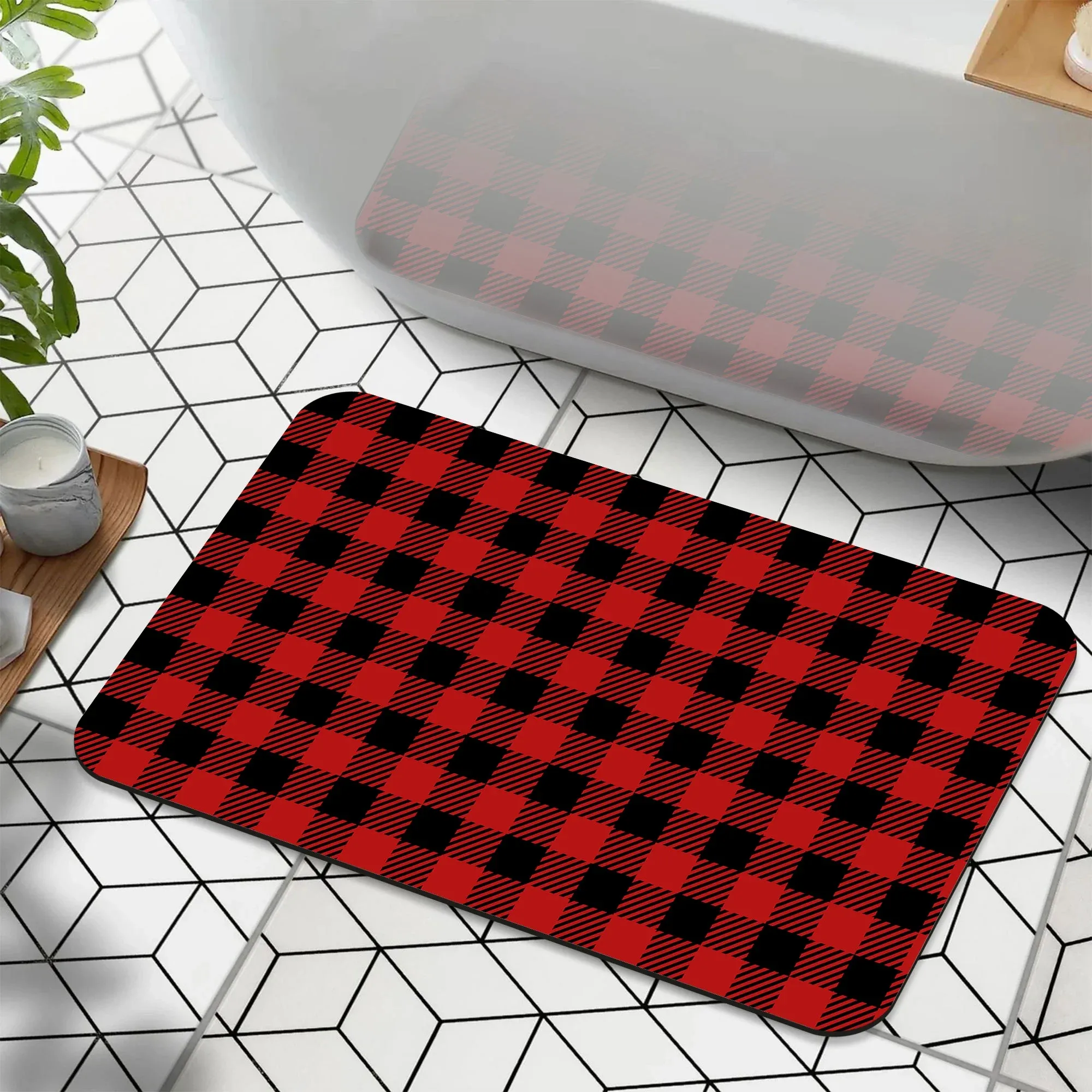 1 Piece Buffalo Plaid Bathroom Rug, Non-Slip Quick Dry Bath Mat for Tub, Shower, Floor and Indoor Outdoor Use, Red and Black — image 4