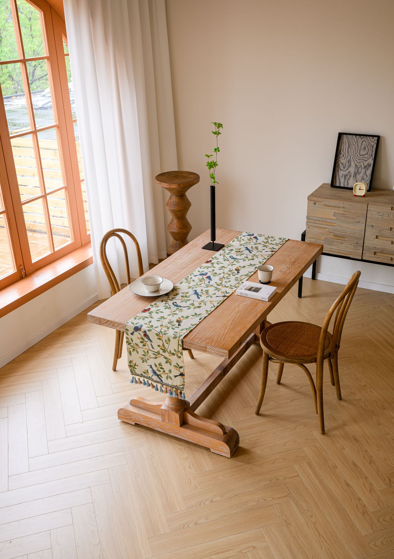 Birds & Branch Table Runner - Jacquard Woven Beige with Tassels(33 × 200CM) — image 6