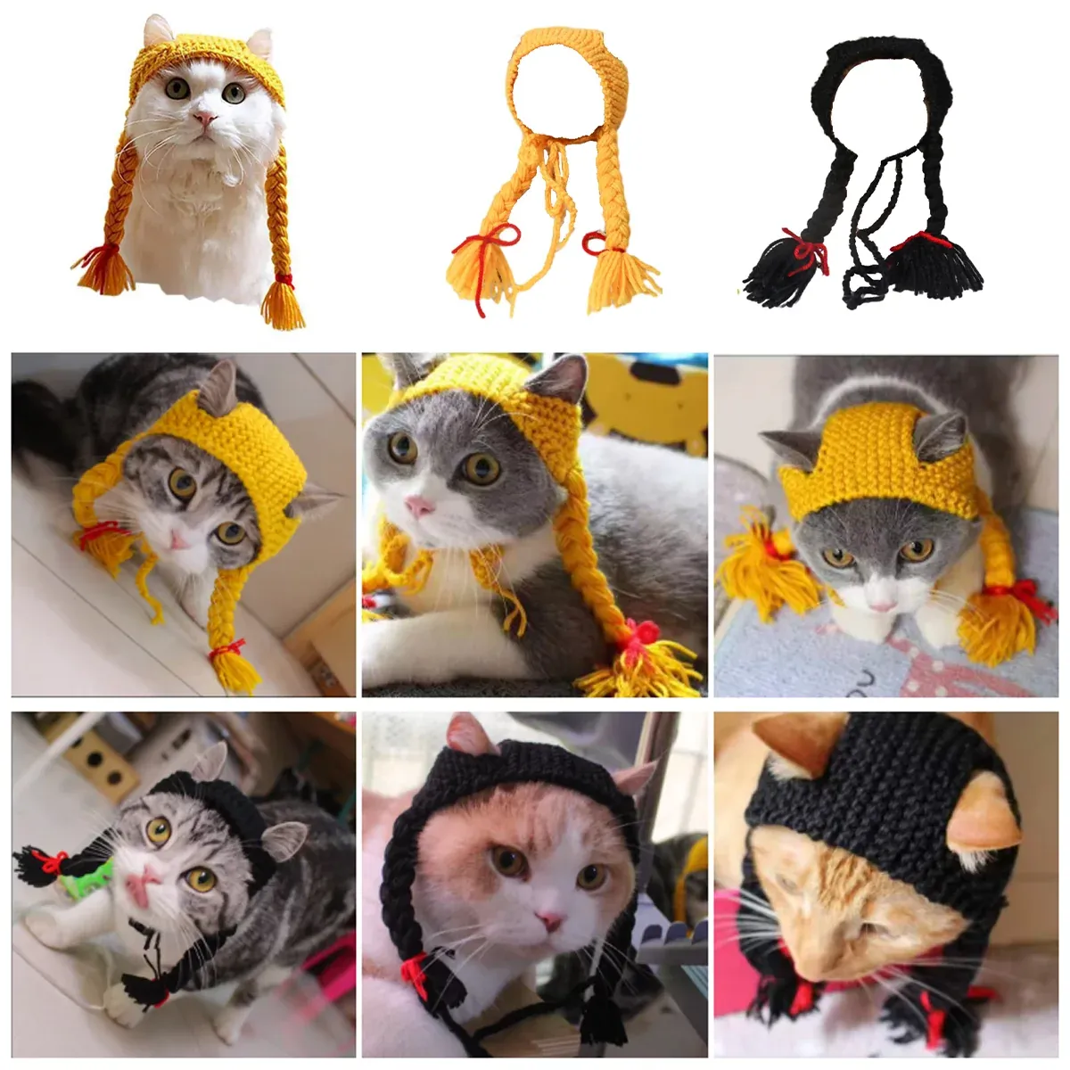 Cat Headwear Handmade Braid Hat Cat Wig Hat Cat Hair Accessory Pet Decoration - Black — image 5