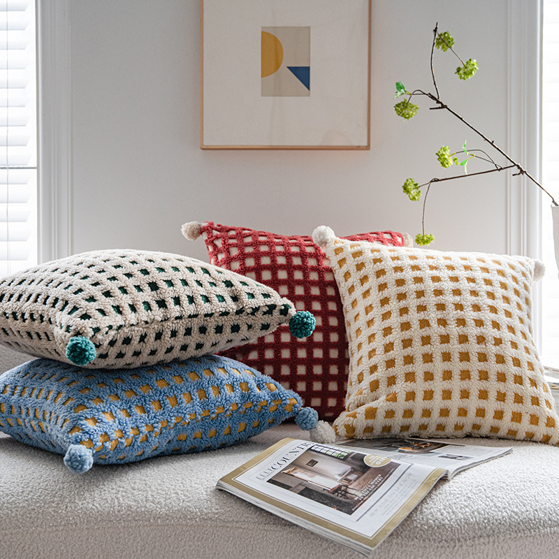 Blue and Yellow 3D Checkered Cushion Cover with Pom Poms - Soft Decorative Pillow Case for Sofa & Living Room (45x45cm, Cover Only) — image 3