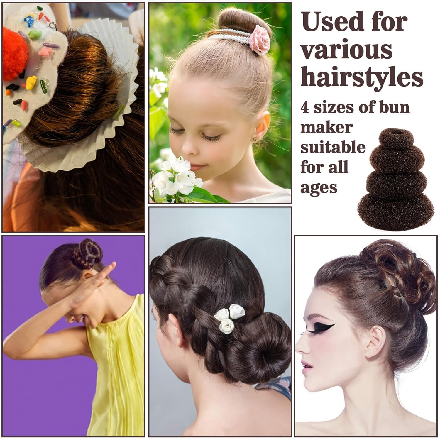 Hair Donut Bun Maker Kit - Updos Sock for Long Hair, Bun Holder with Hair Clips (1 Extra Large, 2 Medium, 2 Small) — image 6