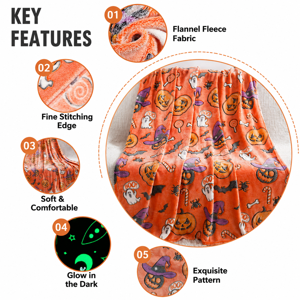 Glow in the Dark Flannel Blanket with Playful Hallowen Pumpkin (S144 / 130 x 150CM) - Versatile Soft Plush Magic Throw Blanket, Durable High Density Woven & โ image 3
