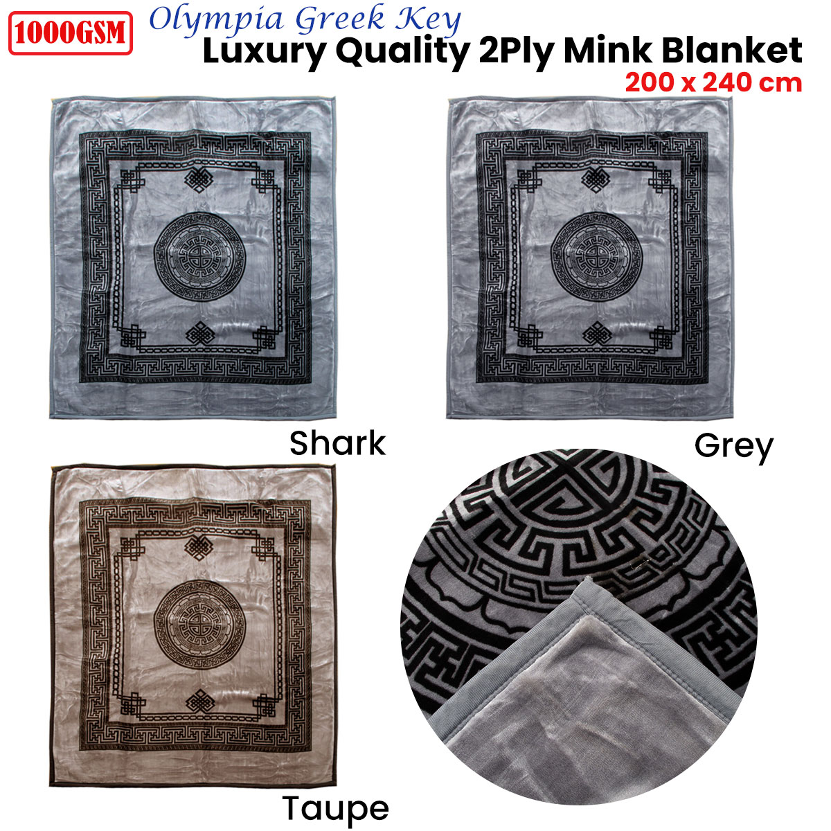 1000GSM Olympia Greek Key Luxury Quality 2 Ply Mink Blanket Queen Shark — image 2