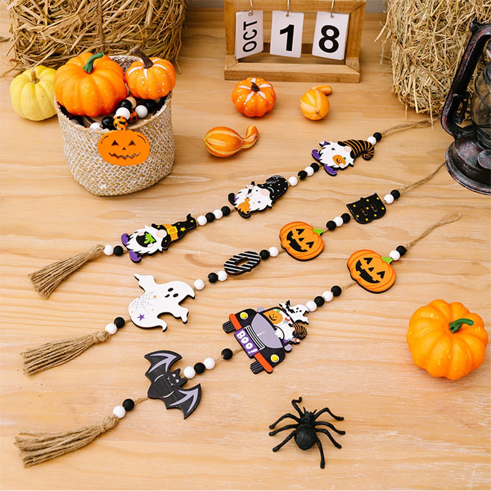 3pcs Halloween Wooden Bead Wreath Farmhouse Tree Pumpkin Spider Skeleton Ghost Plaque Wall Decoration Bead String β image 5