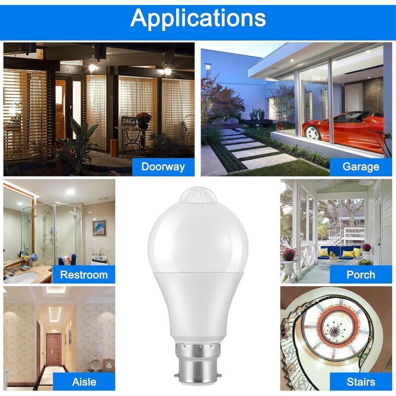 Motion Sensor Bulb B22 Bayonet LED, 12W, 1020Lm, Cool White 6000K, Cir 85, Waterproof Ip42 Energy Saving, Non-Dimmable โ image 3