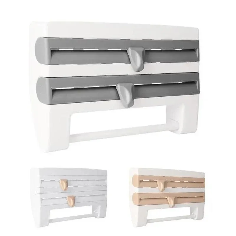 4In1 Wall Mount Kitchen Holder Foil Towel Roll Cling Wrap Rack Dispenser Cutter - Khaki โ image 3